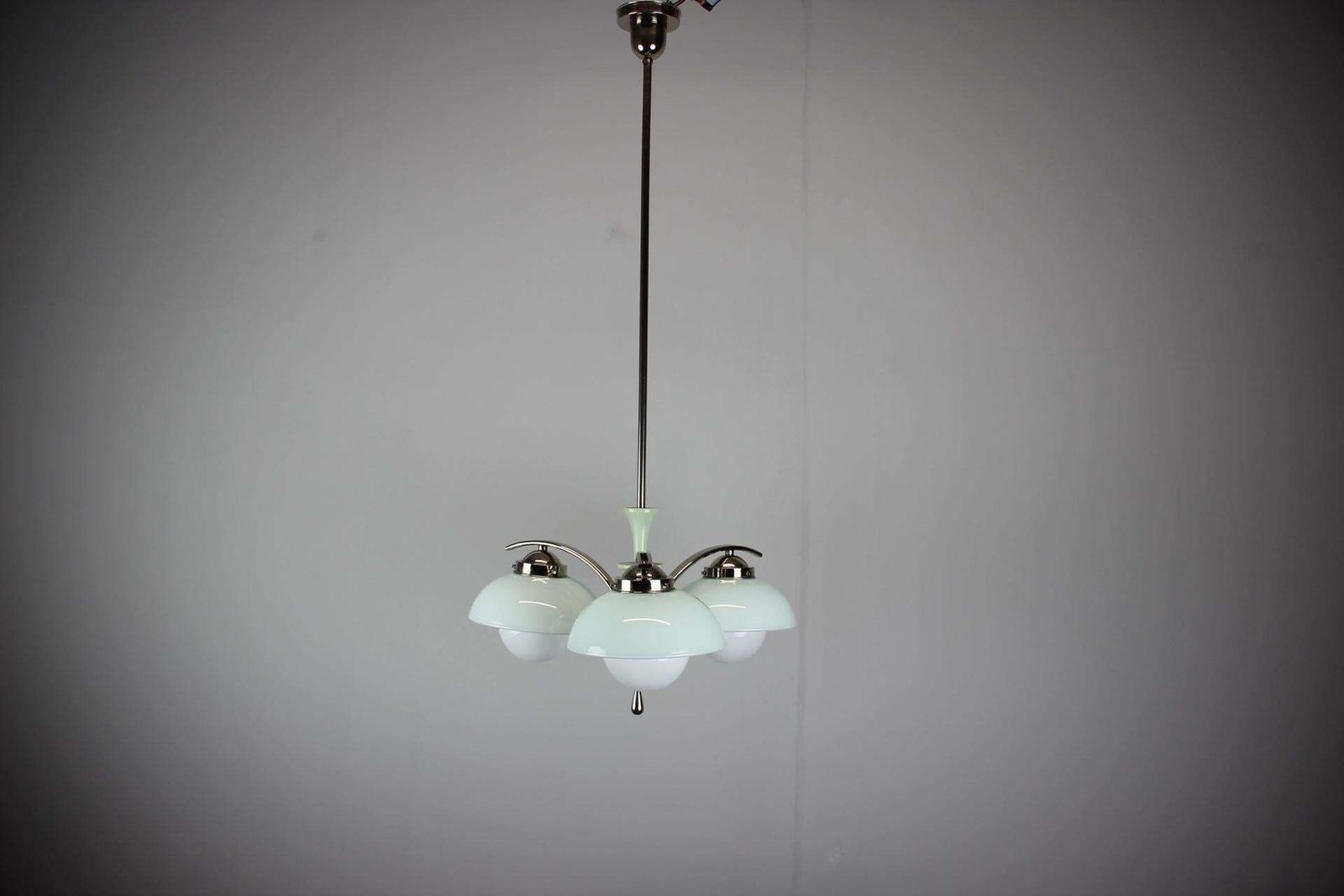 Art Deco Chandelier 1930s Czechoslovakia Mint Glass Chrome Ceiling Light photo vinterior