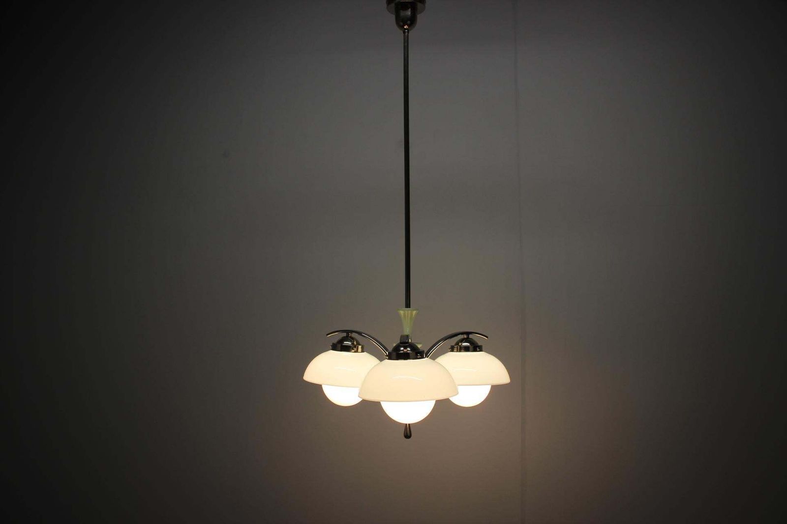 Art Deco Chandelier 1930s Czechoslovakia Mint Glass Chrome Ceiling Light photo vintage