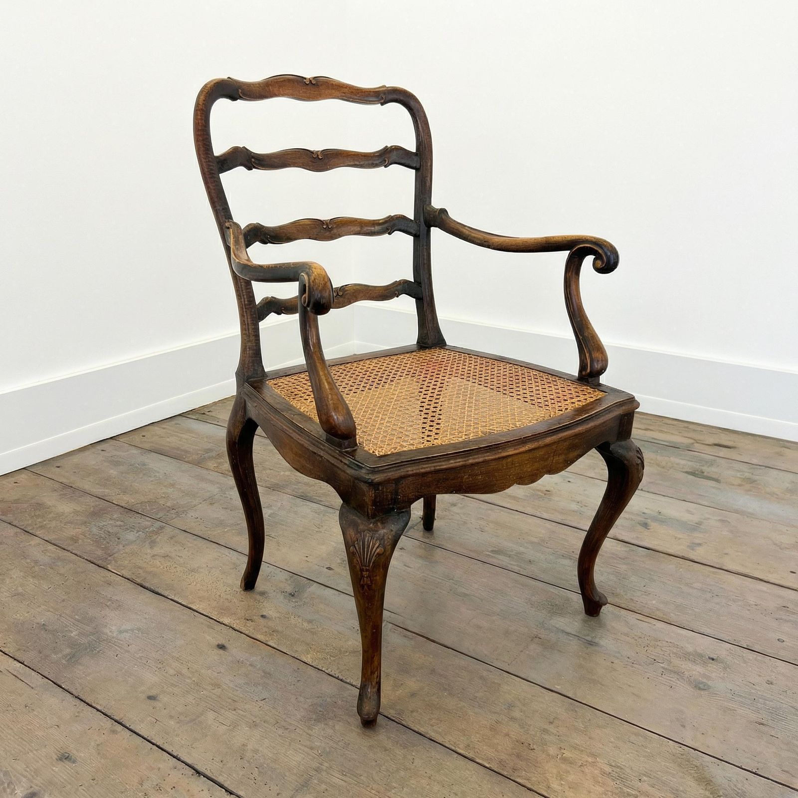 Antique French Rattan Armchair / Hand Carved Wood / 1890s