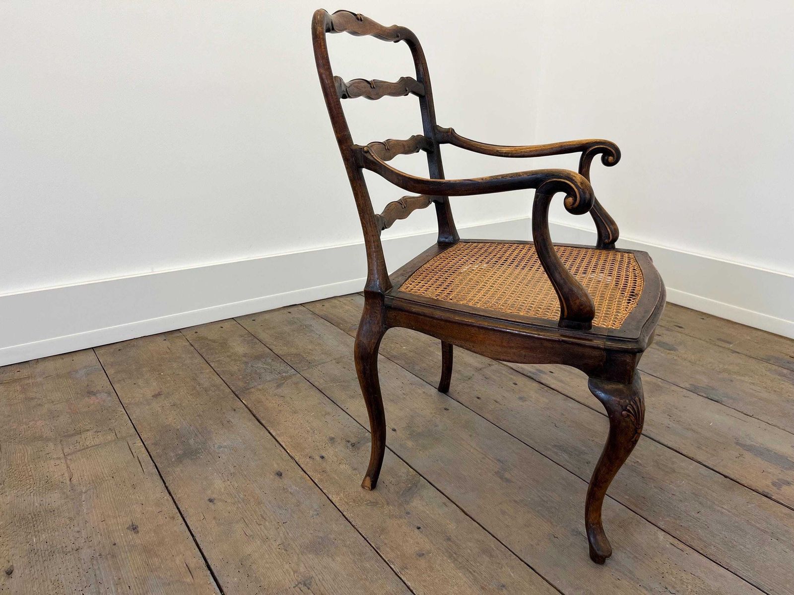 Antique French Rattan Armchair / Hand Carved Wood / 1890s photo for sale