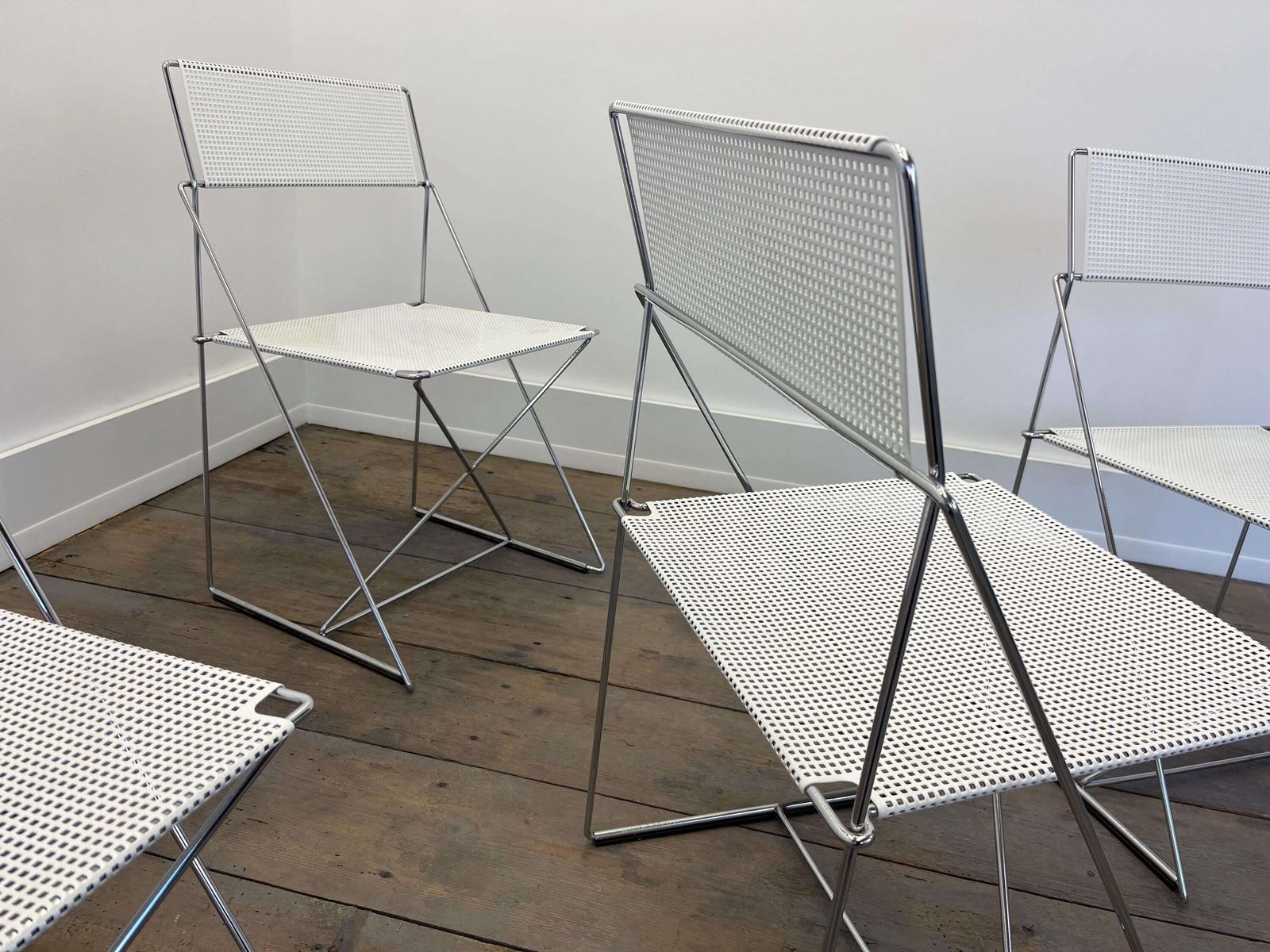 Set Of 4 Designer Chairs By Niels Jorge Haugesen X Line / Mcm Metal Dining Chairs / Italian Dining Chairs 80s photo for sale
