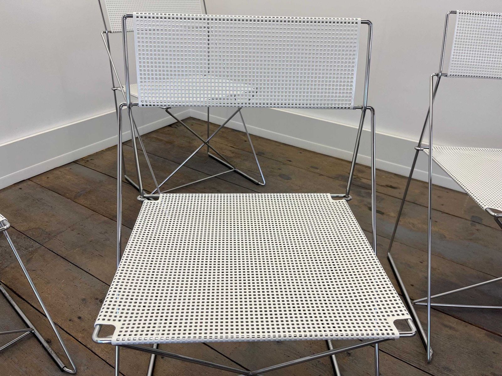 Set Of 4 Designer Chairs By Niels Jorge Haugesen X Line / Mcm Metal Dining Chairs / Italian Dining Chairs 80s photo buy