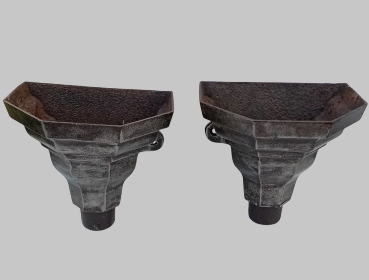 Pair Of Early 20th Century Cast Iron Rainwater Hopper Heads photo for sale
