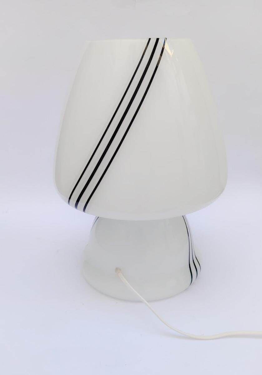 Mushroom Table Lamp In Murano Glass, White With Black Bands, Vintage Design From The 1980s. photo Lighting