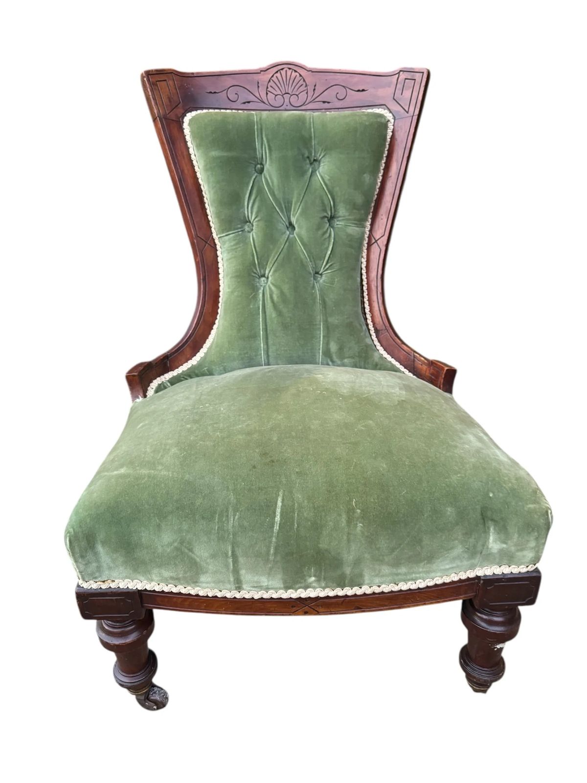 Antique Victorian Upholstered In Original Green Velvet Button Back Nursing Chair photo furniture