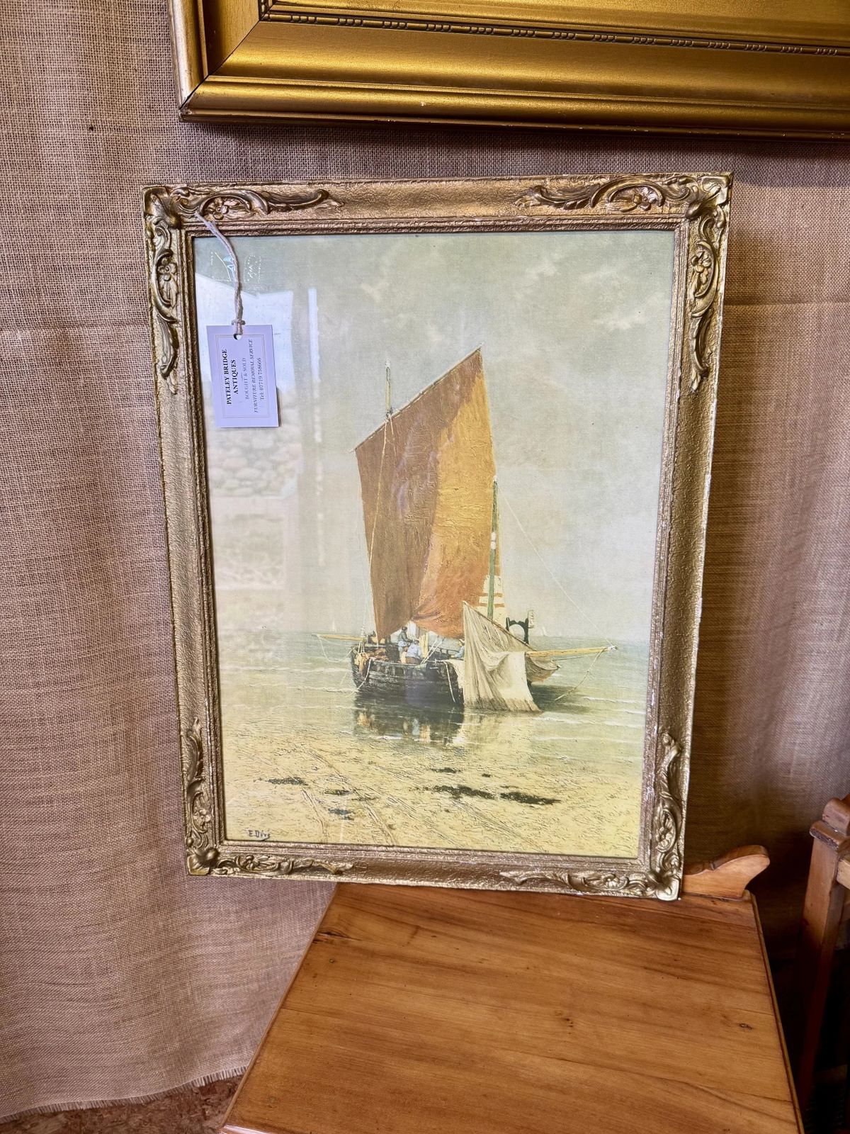Vintage Framed Print Of A Sailboat By 19th Century Artist Eugene Deve In Gilt Frame photo for sale