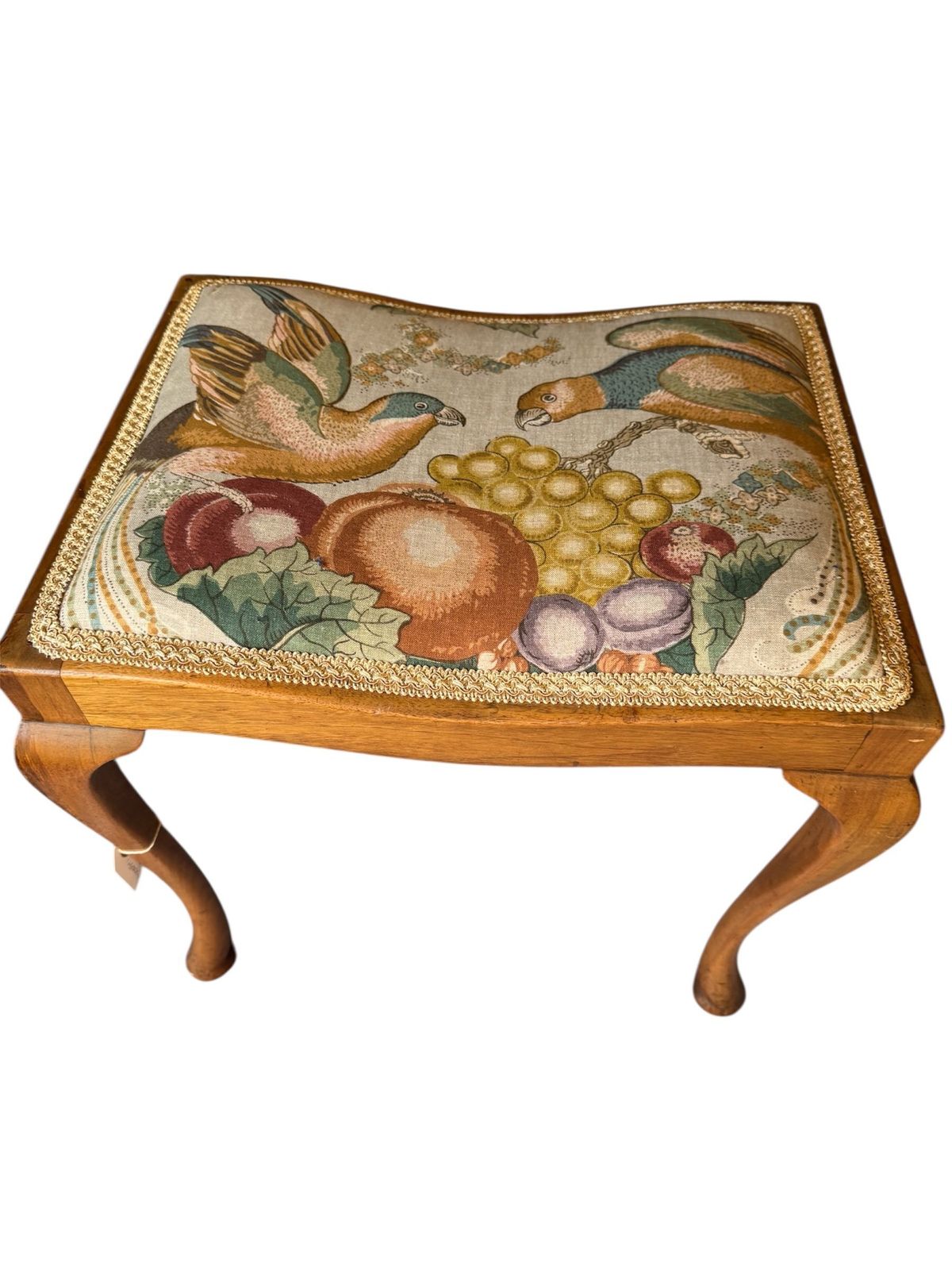 Vintage Golden Mahogany Framed Dressing Stool Recovered In Design Parrot Linen Fabric