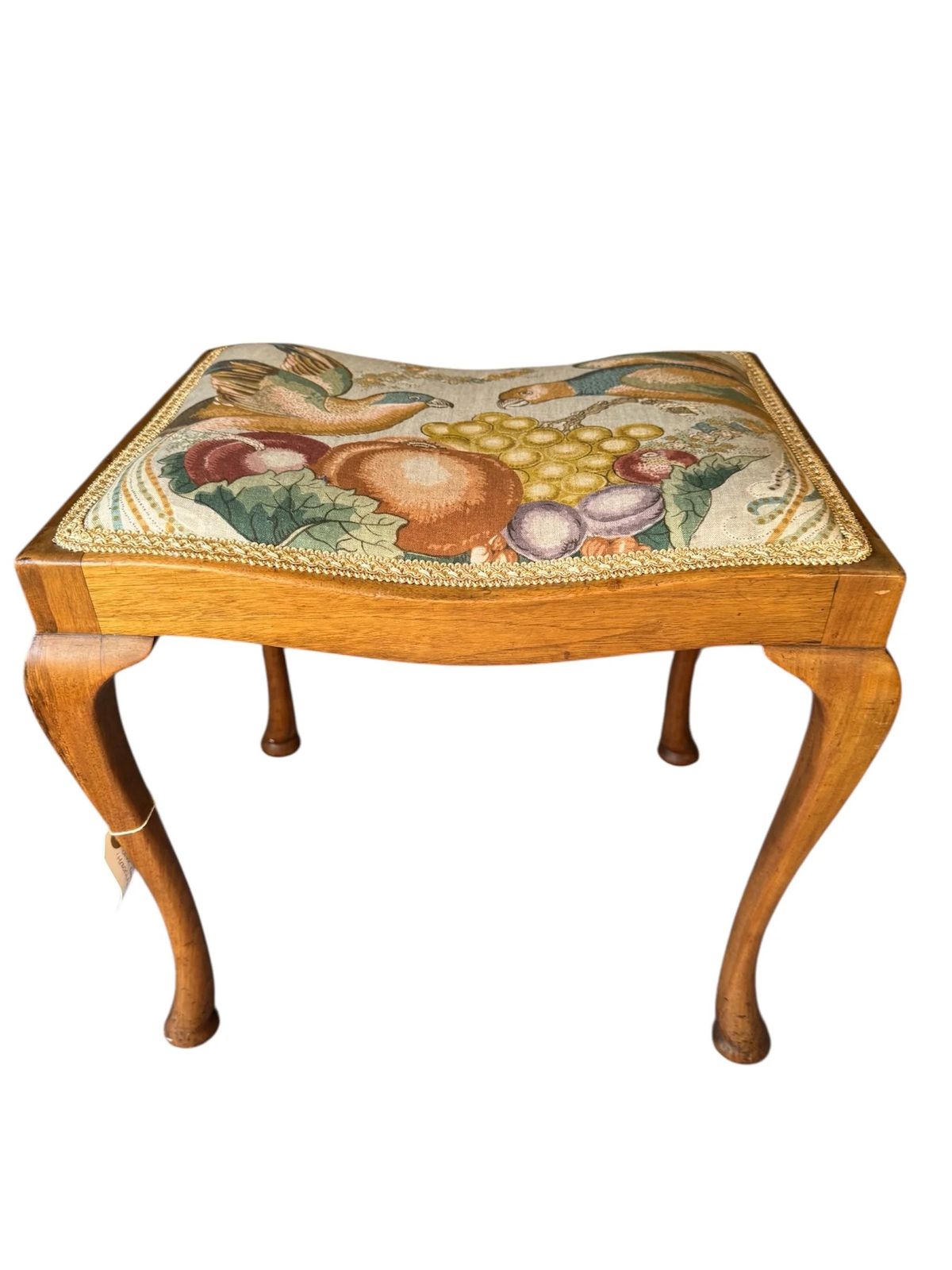Vintage Golden Mahogany Framed Dressing Stool Recovered In Design Parrot Linen Fabric photo for sale
