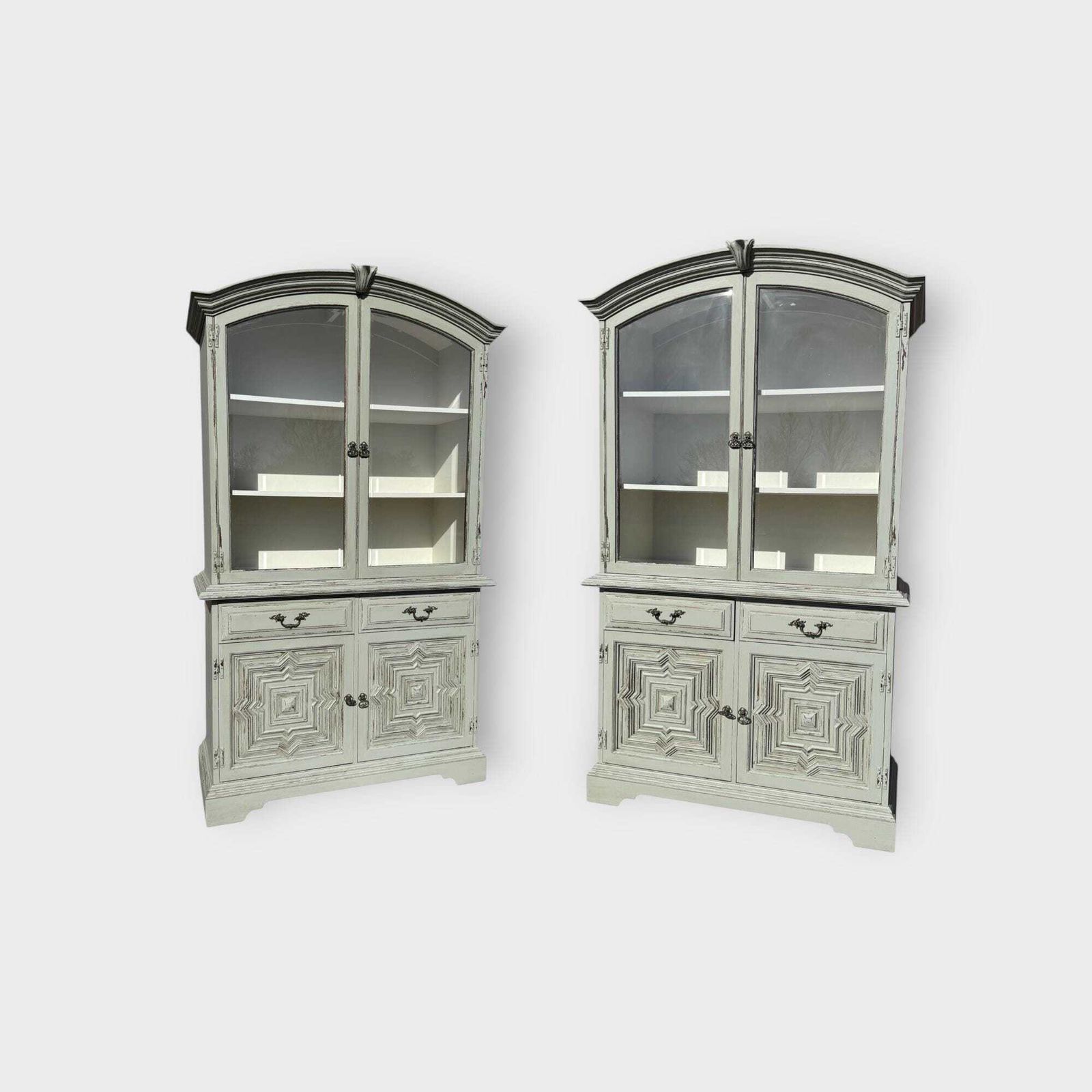 Matching Pair Antique Style Painted 2 Door Glazed Bookcase Cupboard  Glazed Display Bookcase With Lower Cupboard