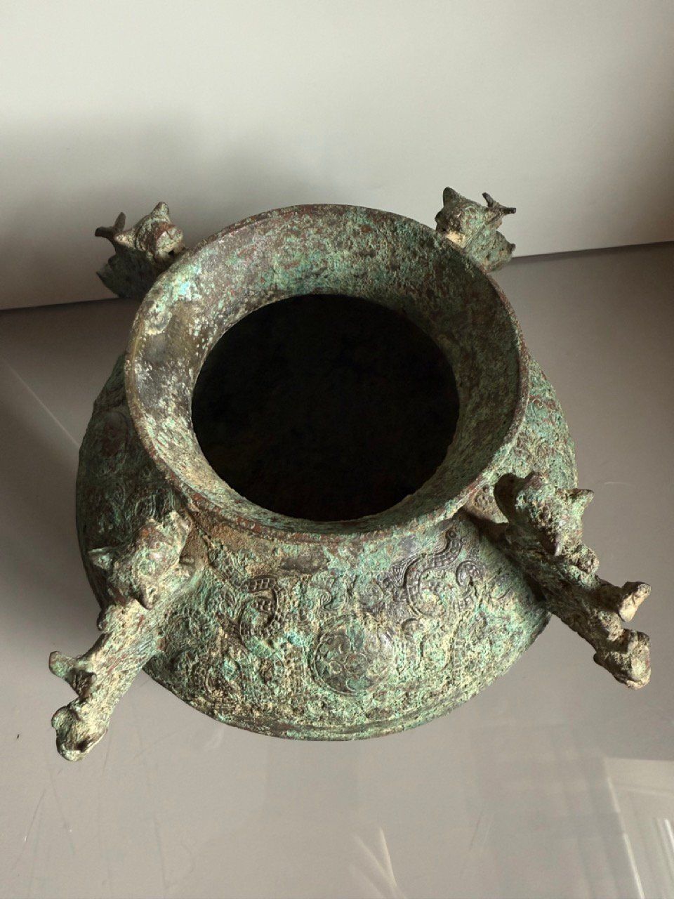 Archaic 19th Century Chinese Bronze Vessel With Dragon Handles And Verdigris Patina photo 365.0