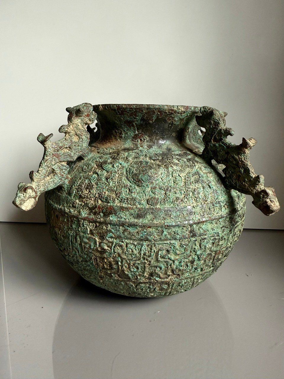 Archaic 19th Century Chinese Bronze Vessel With Dragon Handles And Verdigris Patina photo buy