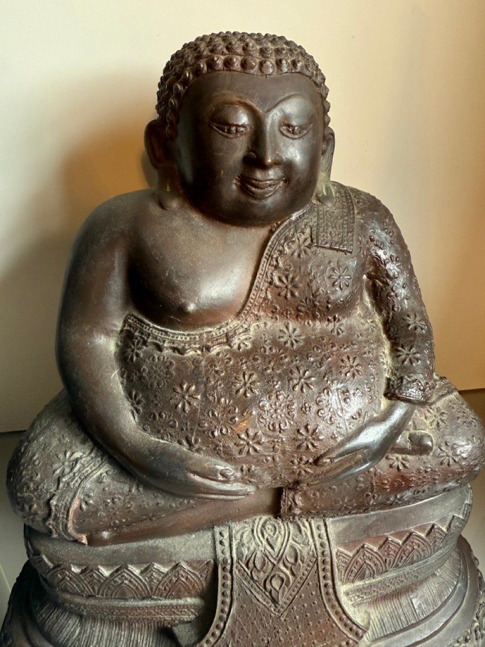 Large Seated Thai Bronze Buddha With Robe Detailing And Inscription photo furniture