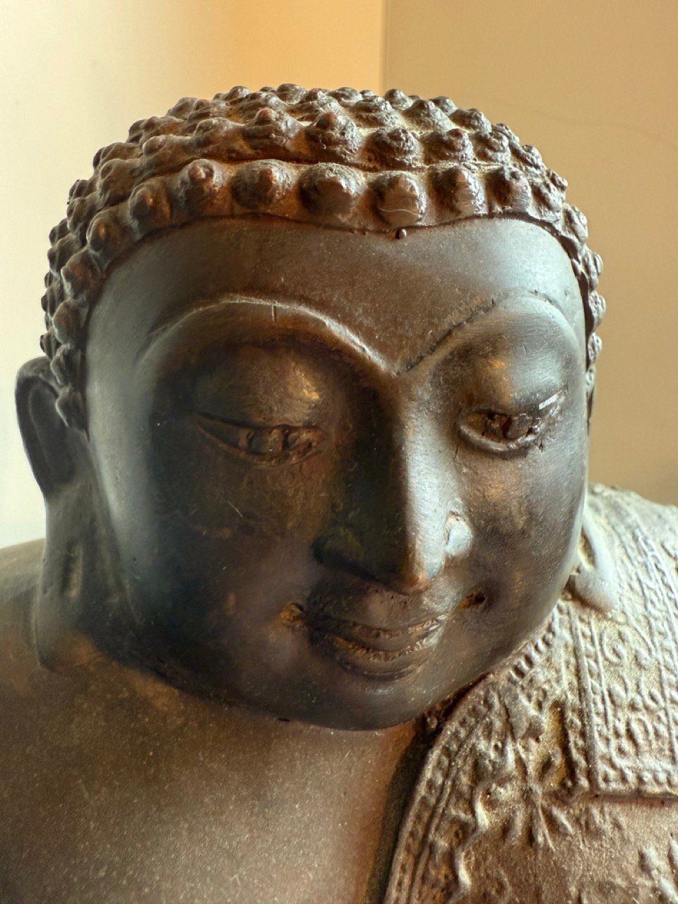 Large Seated Thai Bronze Buddha With Robe Detailing And Inscription photo buy