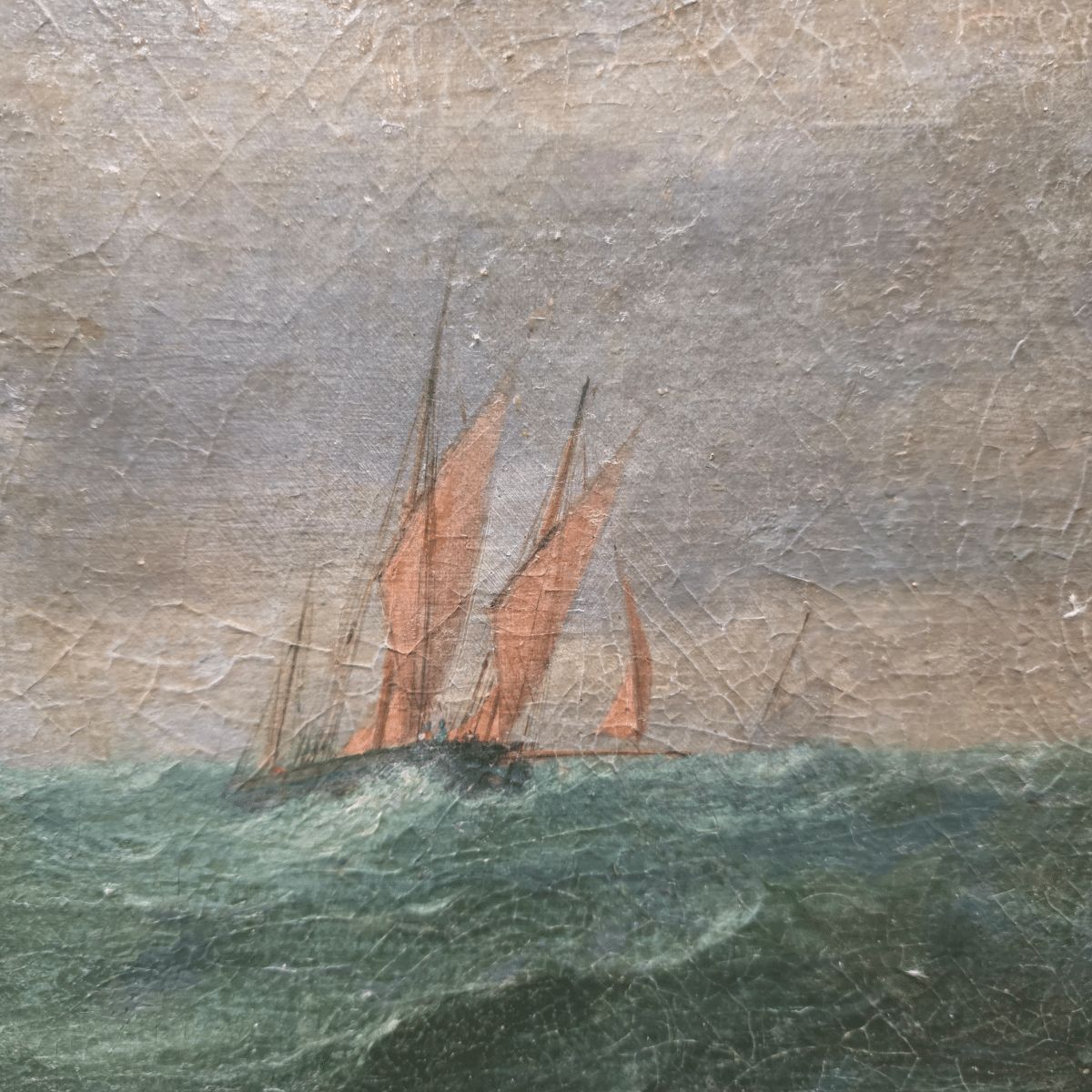 Antique Painting With A Sailboat On A Rough Sea, From Around 1900 photo Art