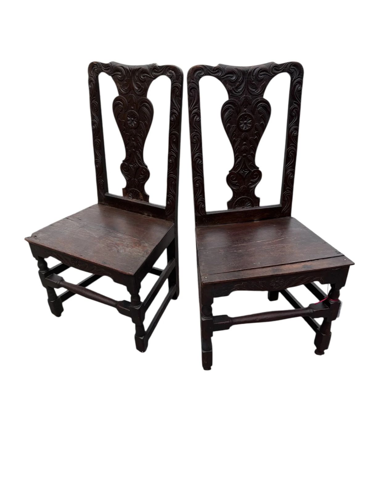 Antique 17th Century Pair Of Carved Gothic Dark Oak Chairs