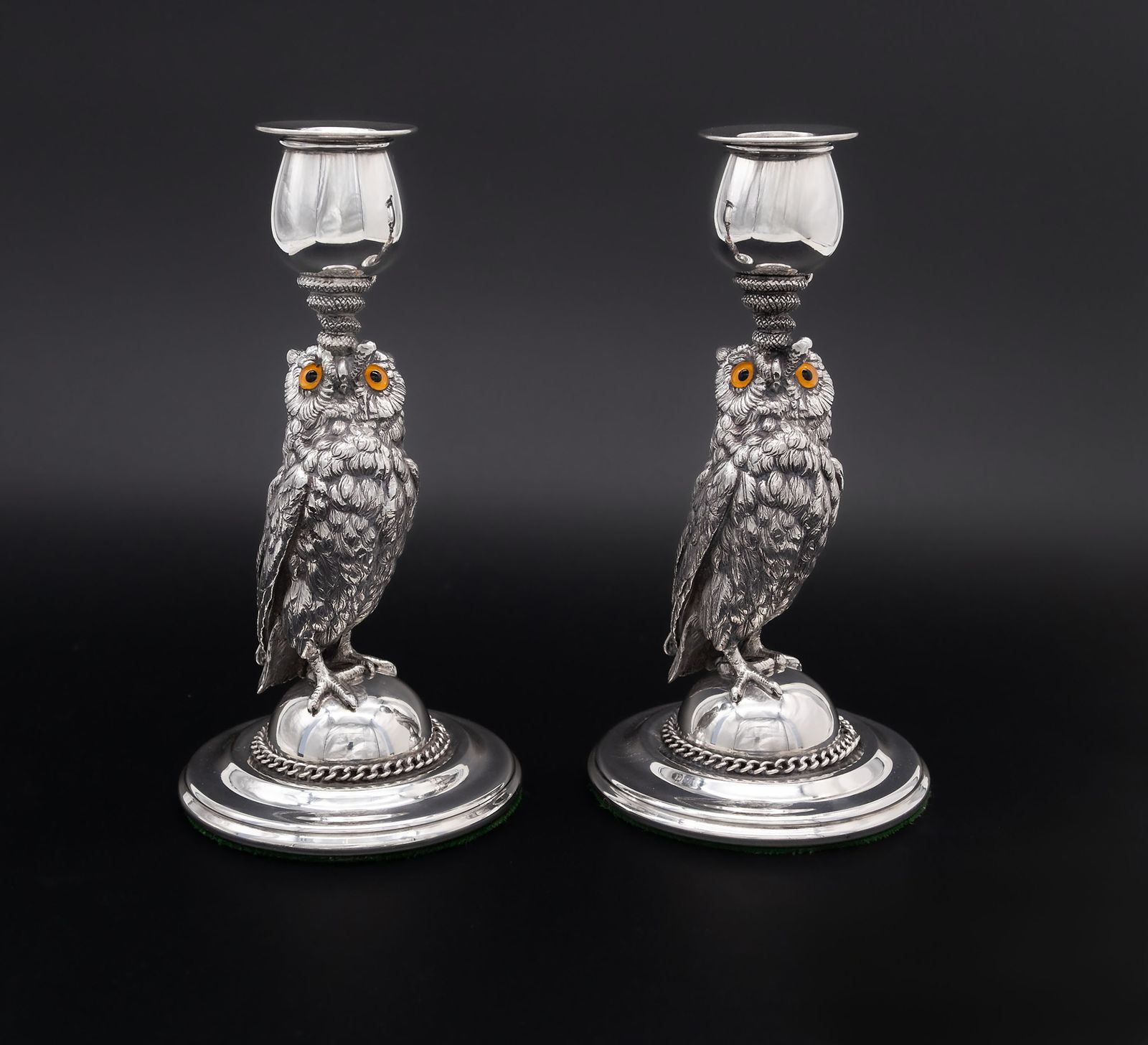 Pair Of 1920s Silver Plated Owl Candlesticks By Joseph Rodgers Sheffield
