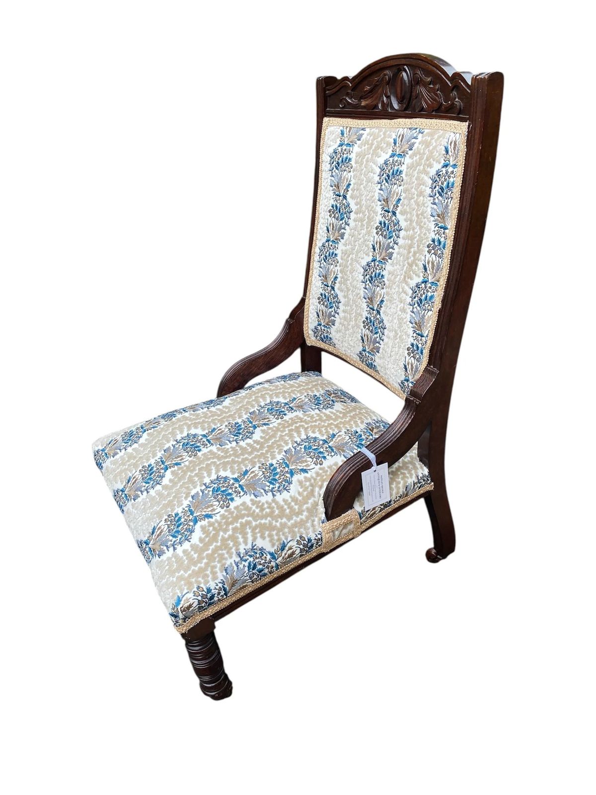 Antique Edwardian Carved Mahogany Low Chair Recovered Using Luxury Designer Fabric photo furniture