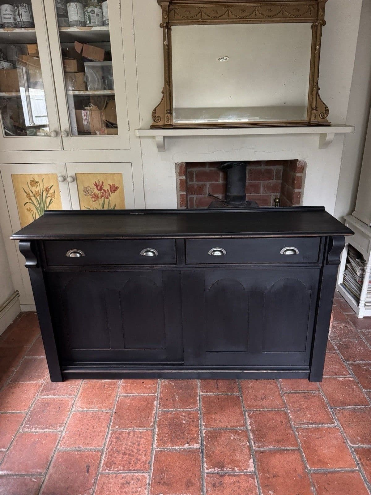 photo vinterior Antique Victorian Painted Solid Pine Sideboard Dresser Base Sliding Door Cupboard