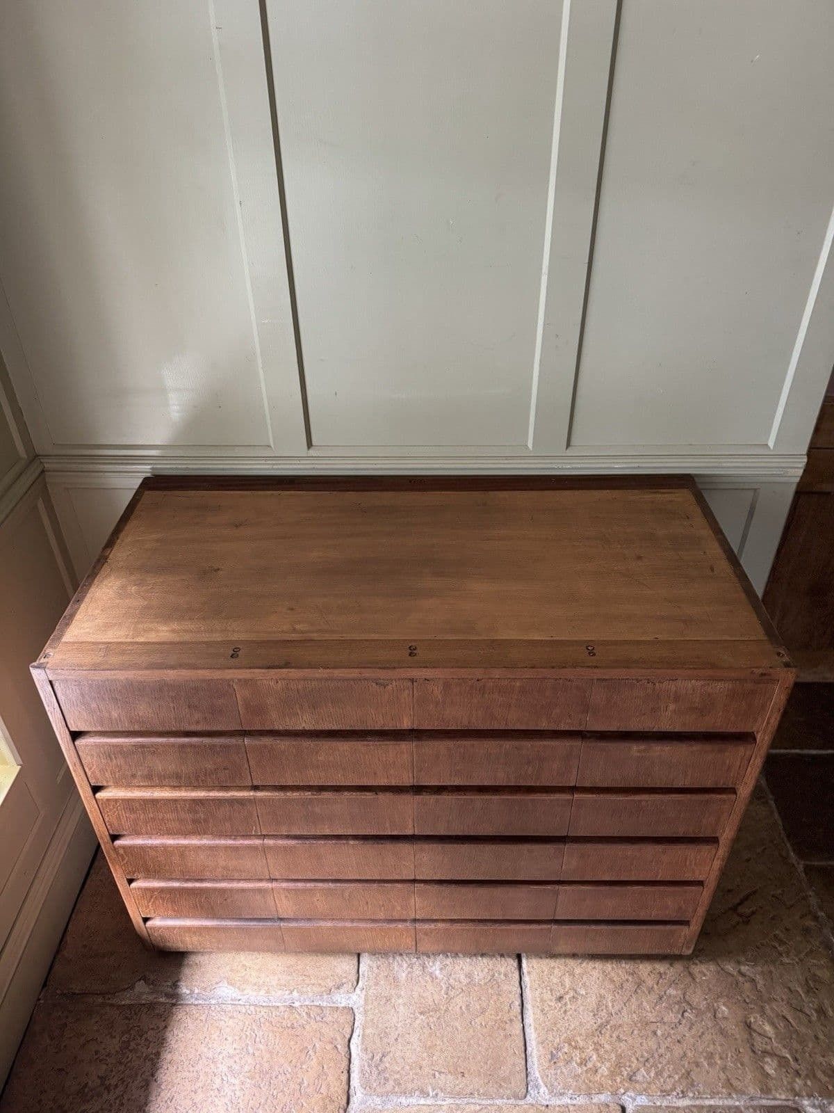 Vintage Midcentury Oak Veneer & Ply Haberdashery Apothecary Chest Of Drawers(24) photo for sale