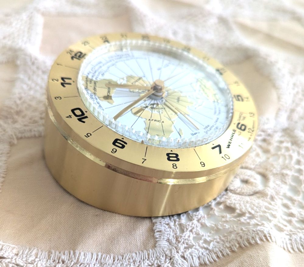 photo furniture Wehrle World Time Travel Alarm Clock  Brass Quartz Movement Made In Germany