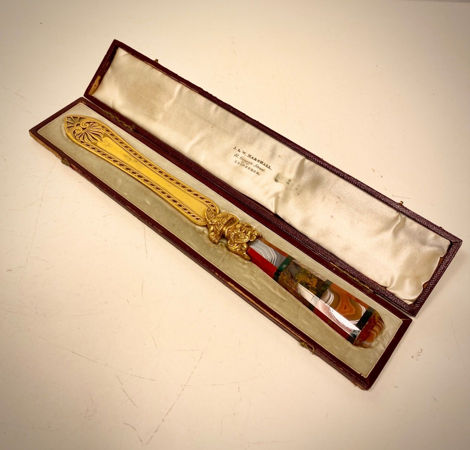 Antique 19th Century Scottish Gilt, Agate Handle Paper Knife, Letter Opener. photo furniture