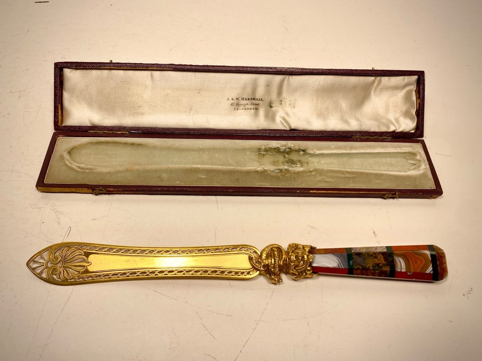 Antique 19th Century Scottish Gilt, Agate Handle Paper Knife, Letter Opener. photo 220.0