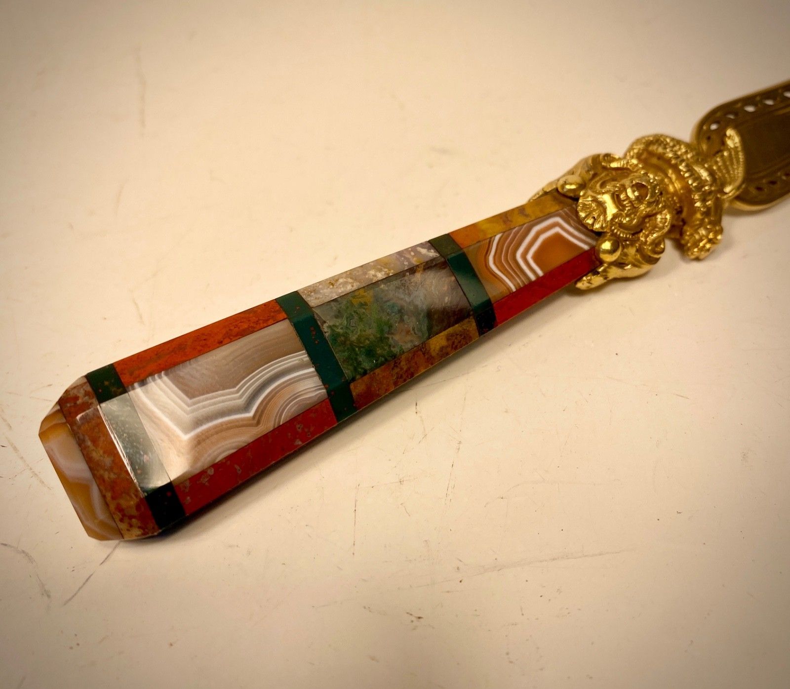 photo for sale Antique 19th Century Scottish Gilt, Agate Handle Paper Knife, Letter Opener.