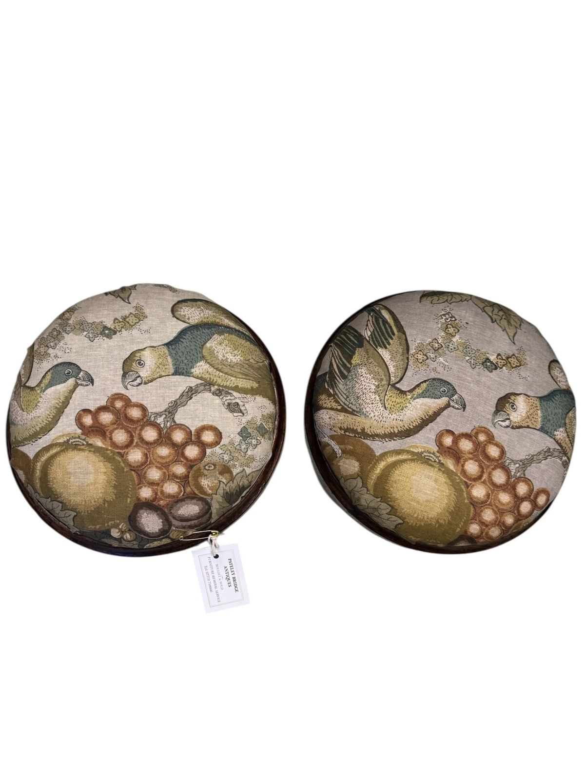 Antique Victorian Pair Of Round Dark Mahogany Framed Footstools Recovered Designer Linen Parrot & Grapes Fabric photo furniture