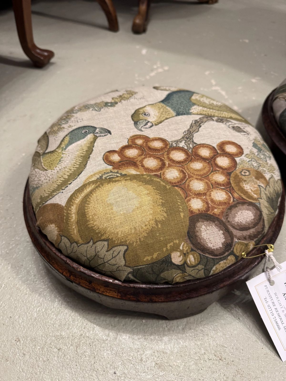 Antique Victorian Pair Of Round Dark Mahogany Framed Footstools Recovered Designer Linen Parrot & Grapes Fabric photo vinterior