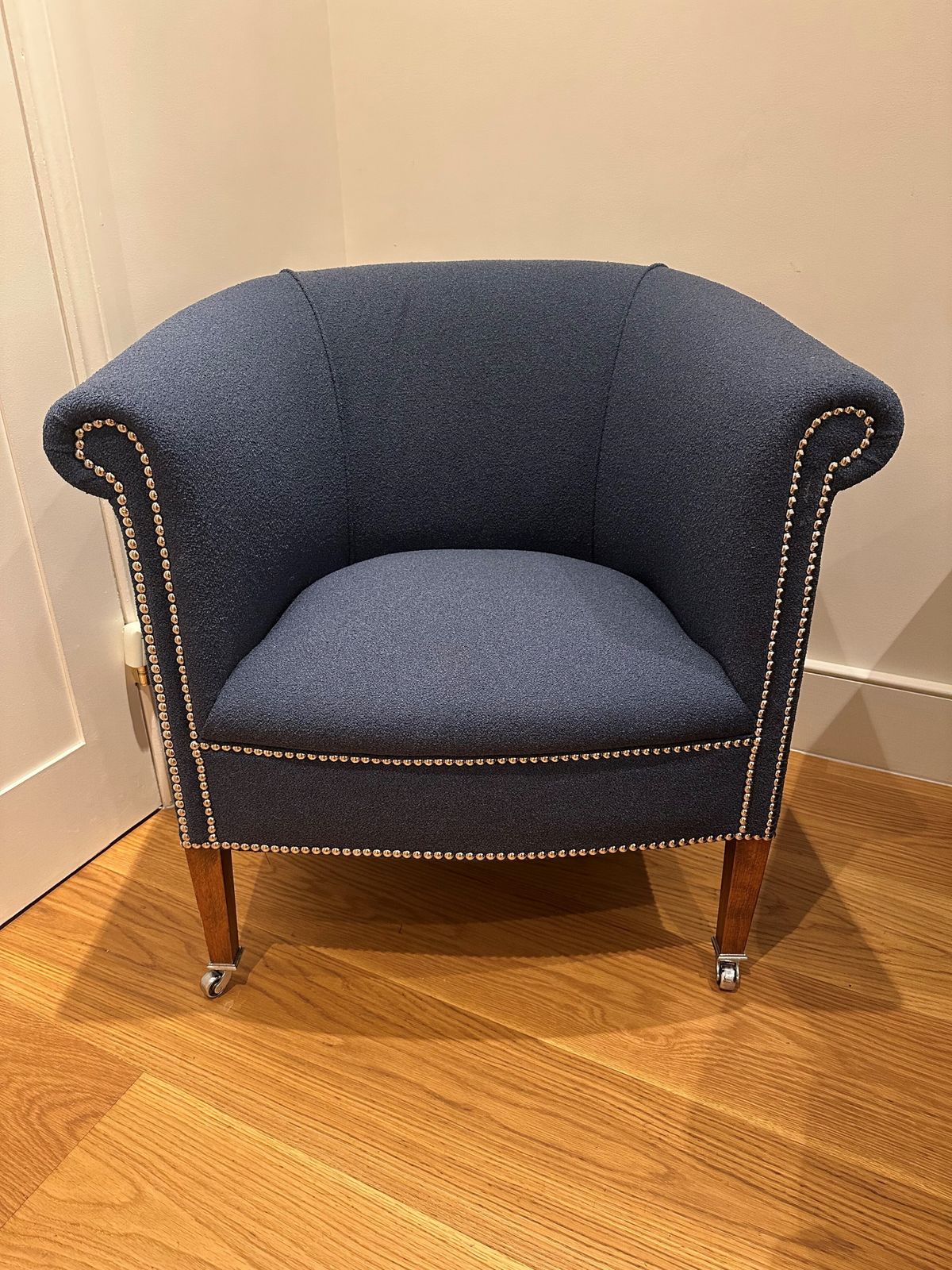 2 X Newly Upholstered Matching Bucket Arm Chairs (Lux Blue Boucle Fabric)