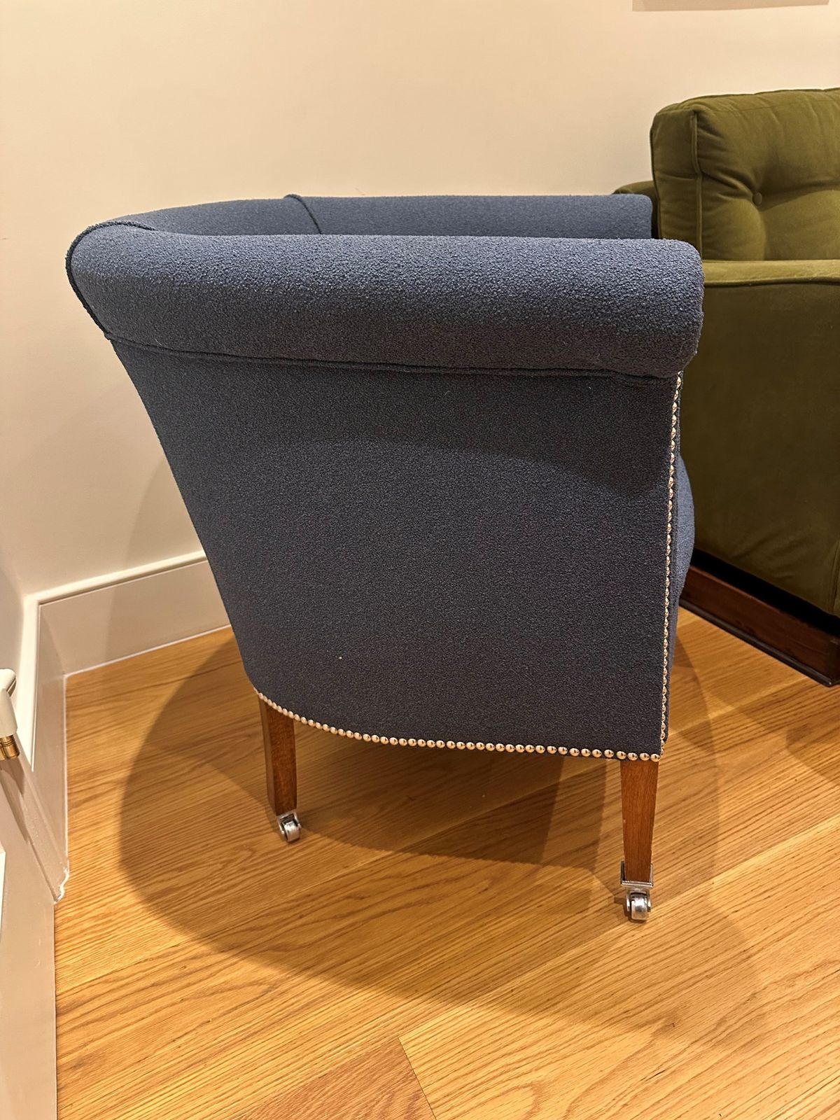 2 X Newly Upholstered Matching Bucket Arm Chairs (Lux Blue Boucle Fabric) photo furniture