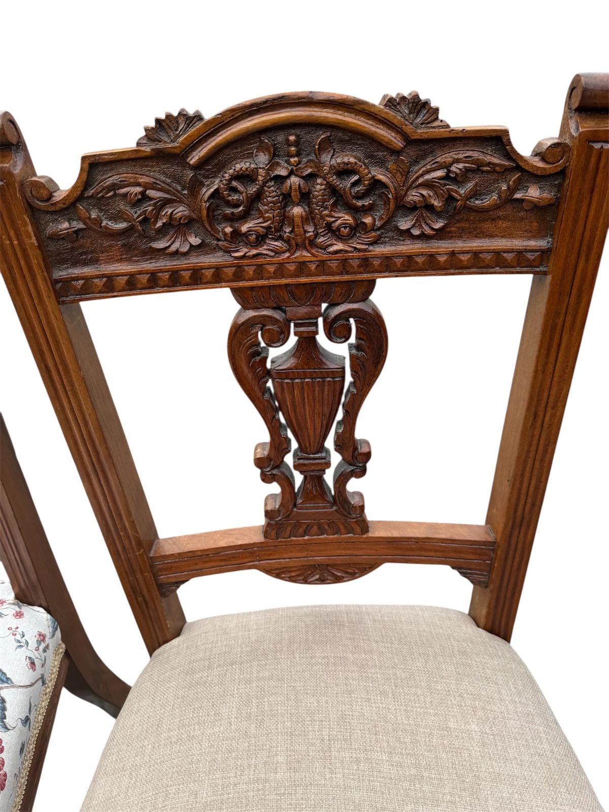 Antique Edwardian Carved Mahogany Dining Chairs Recovered Designer Fabric Set Of Four photo buy