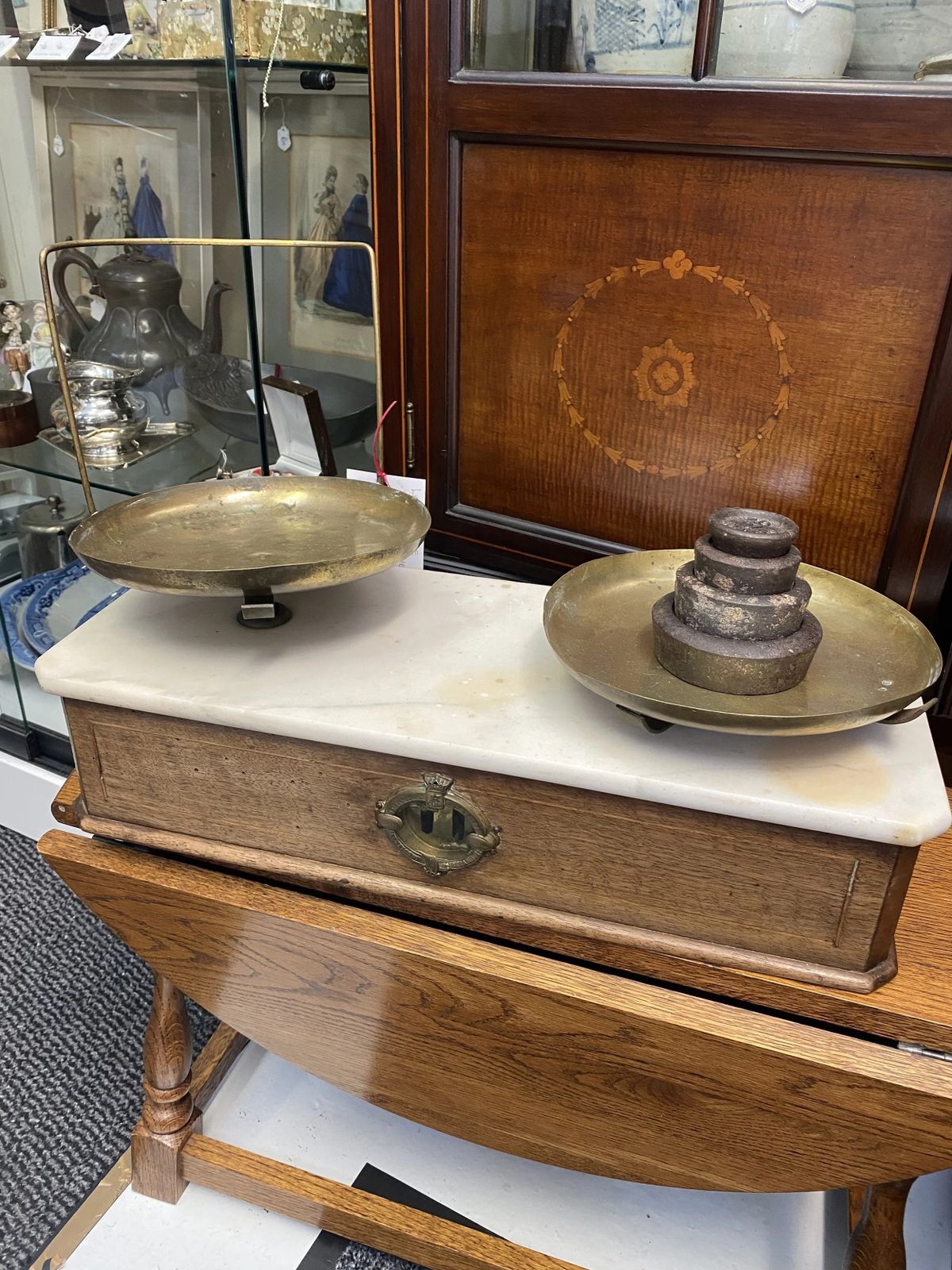 Antique Victorian French Apothecary Weighing Scales With Marble Top & Weights