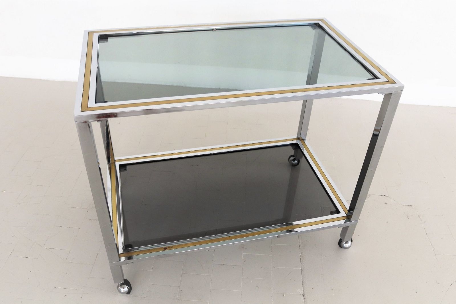 photo for sale Italian Midcentury Bar Cart Or Trolley In Brass And Chrome, 1970s