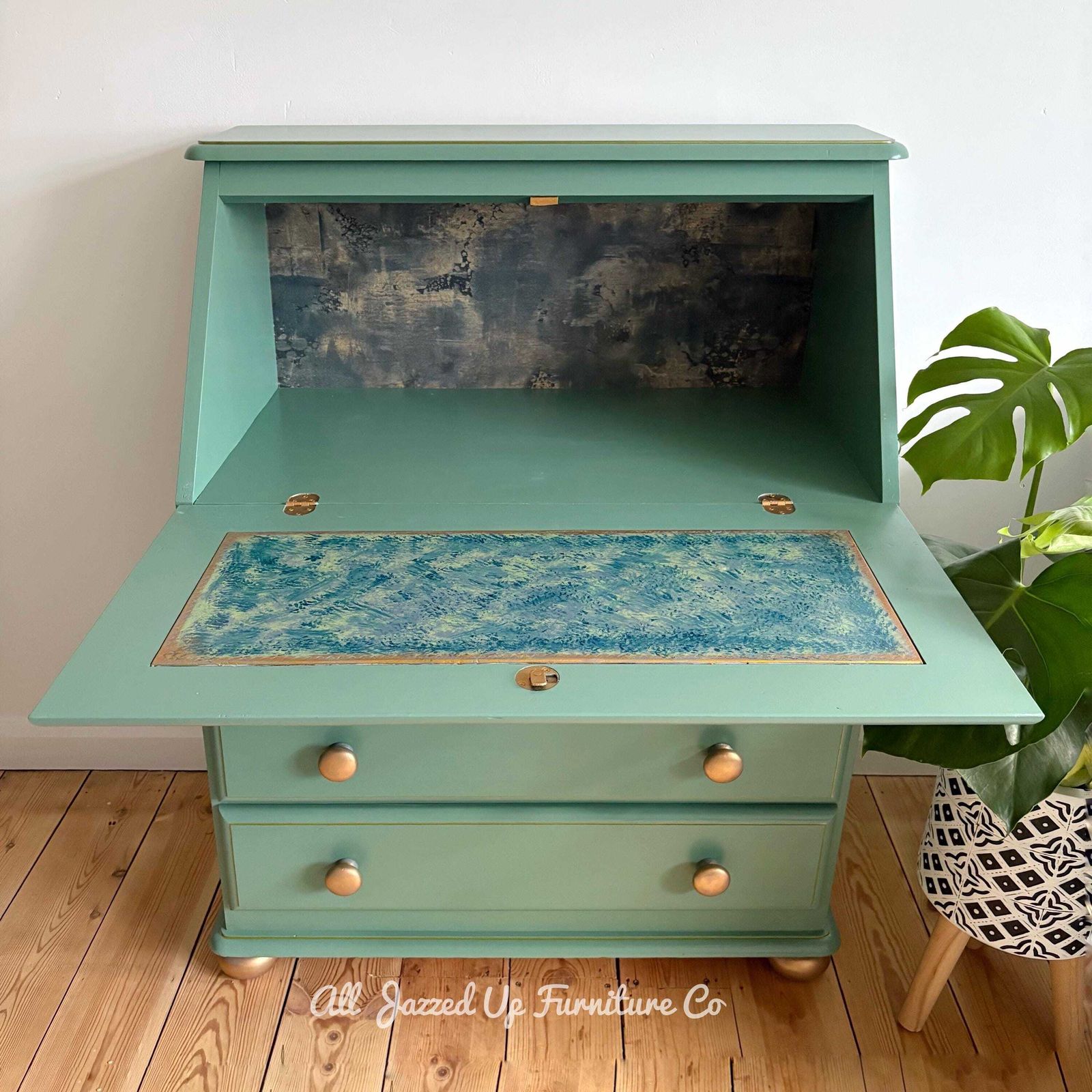 Vintage Sage Green Bureau With Gold Accents/Hand Painted Writing Desk/Mid Century Home Office/Emerald Gold Upcycled Furniture photo Furniture