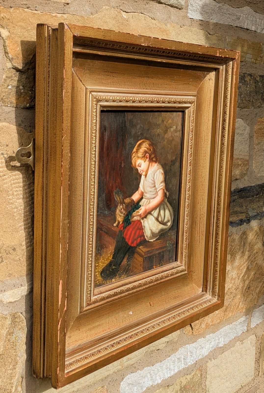 19th Century Oil Painting On Oak Panel Girl & Rabbit photo furniture