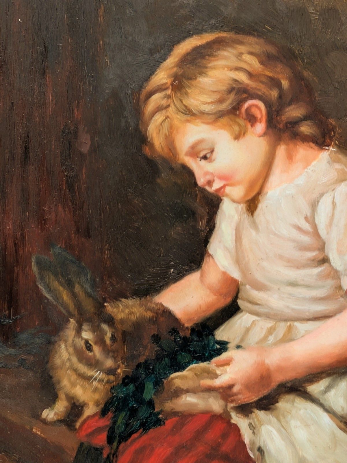 19th Century Oil Painting On Oak Panel Girl & Rabbit photo for sale
