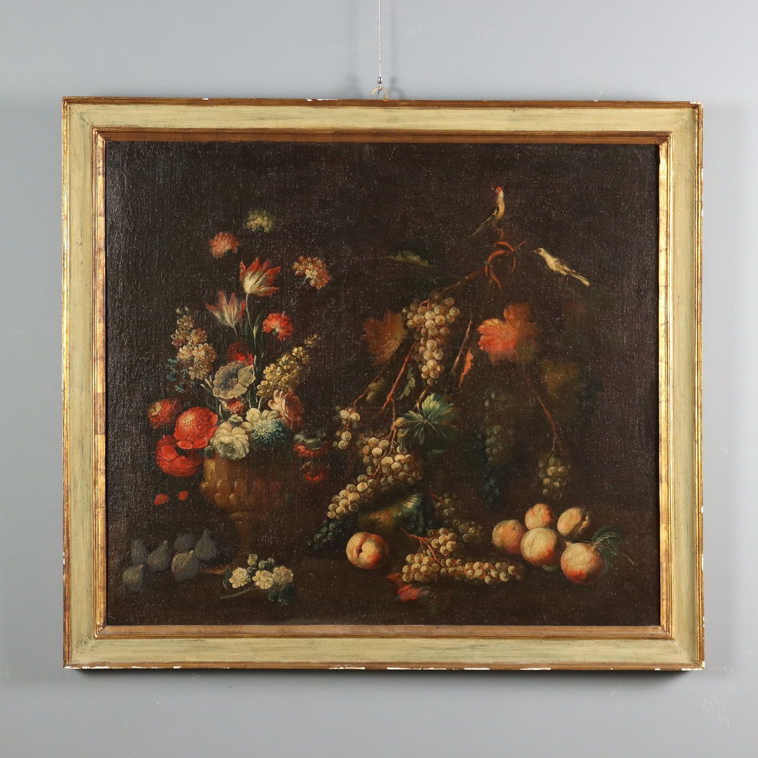Antique Painting Still Life With Flowers Fruit And Birds XVIII Century