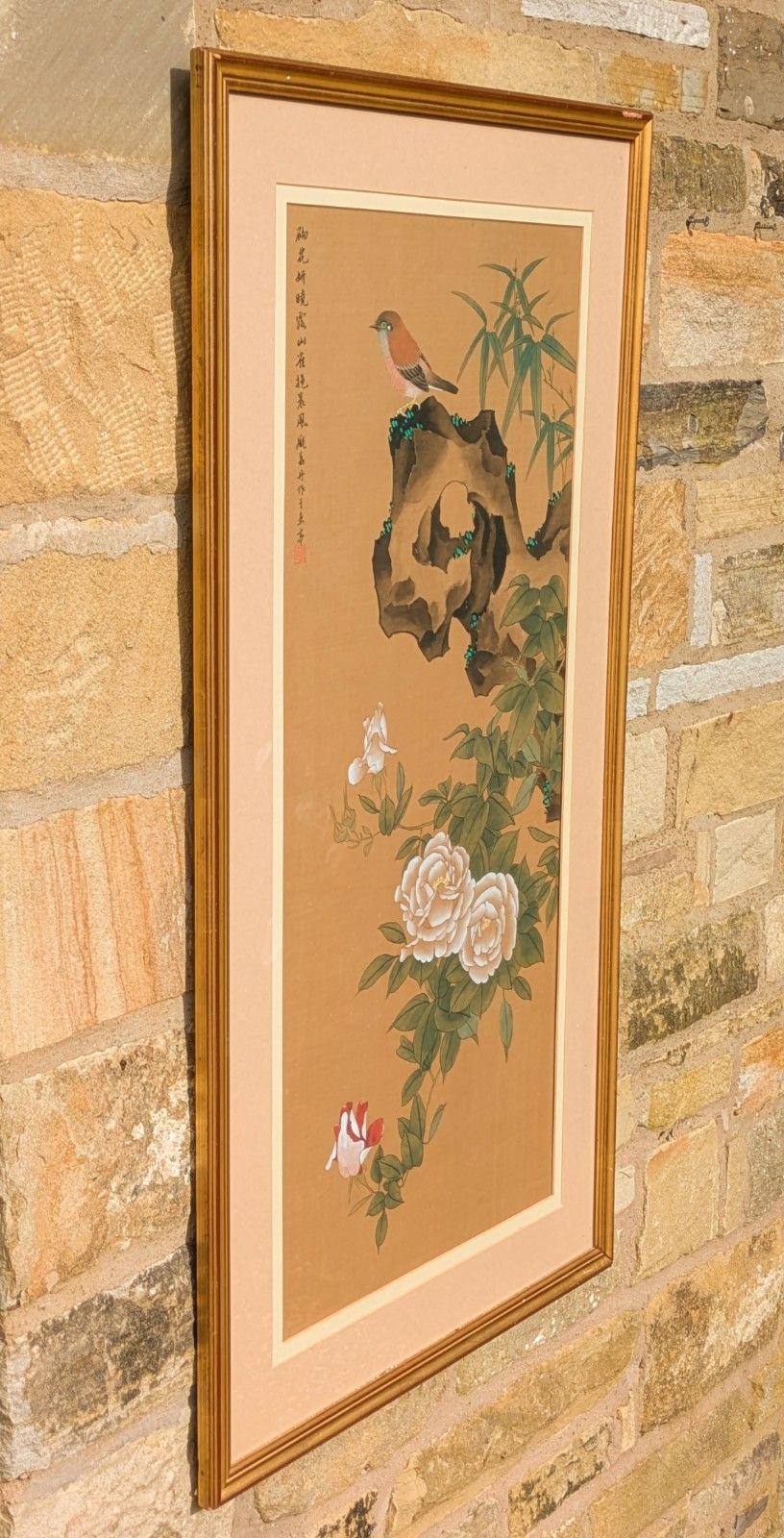 Large Chinese Watercolour On Silk Depicting Birds & Blossoms photo for sale