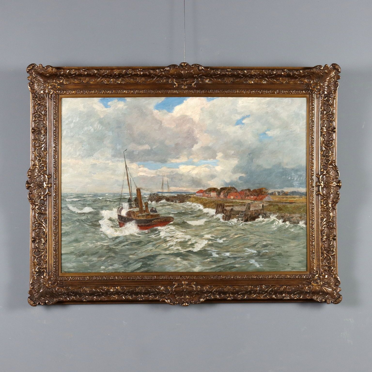 Antique Painting Signed Andreas Dirks Maritime Glimpse XIX Century