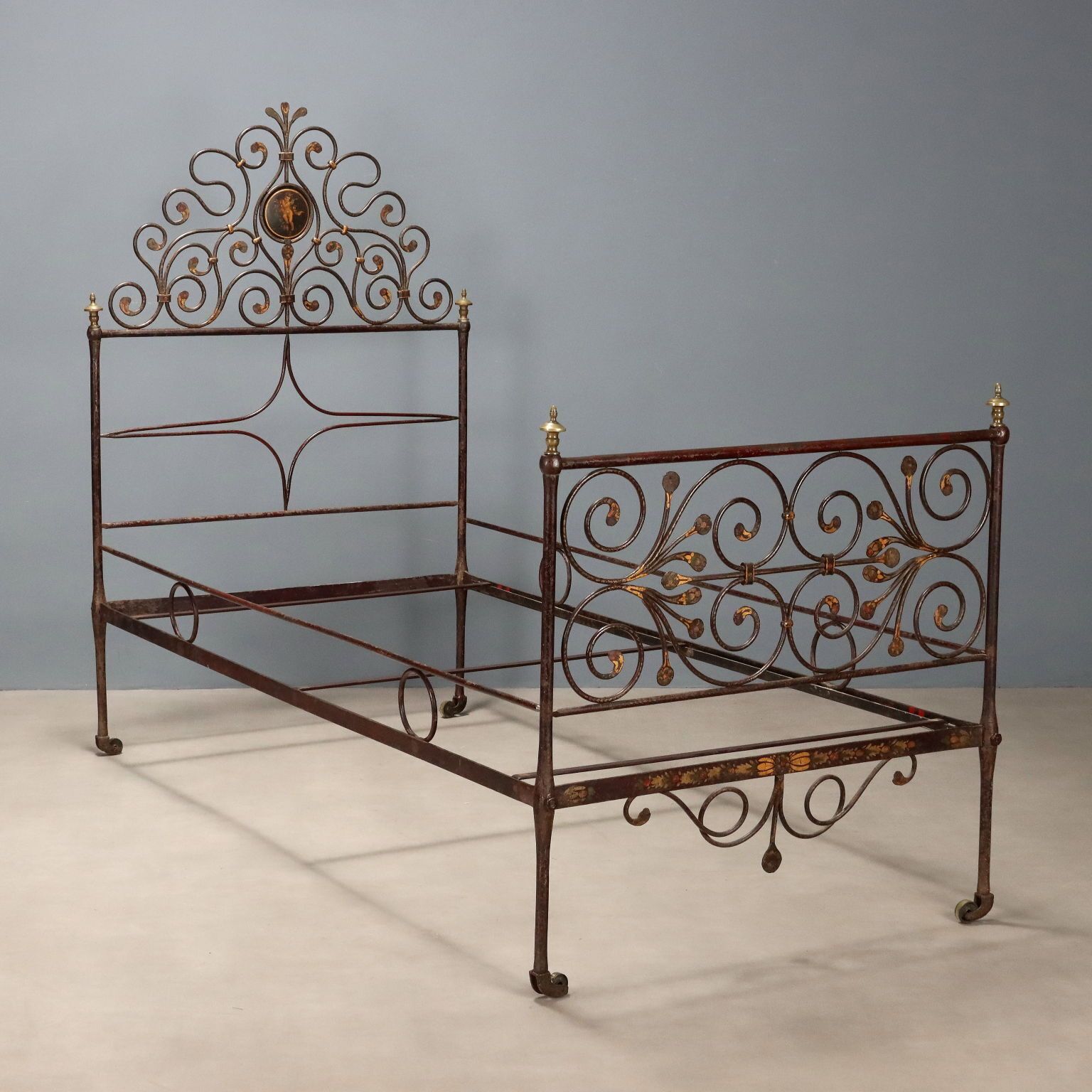 Antique Single Bed Lacquered Painted Iron Italy XIX Century