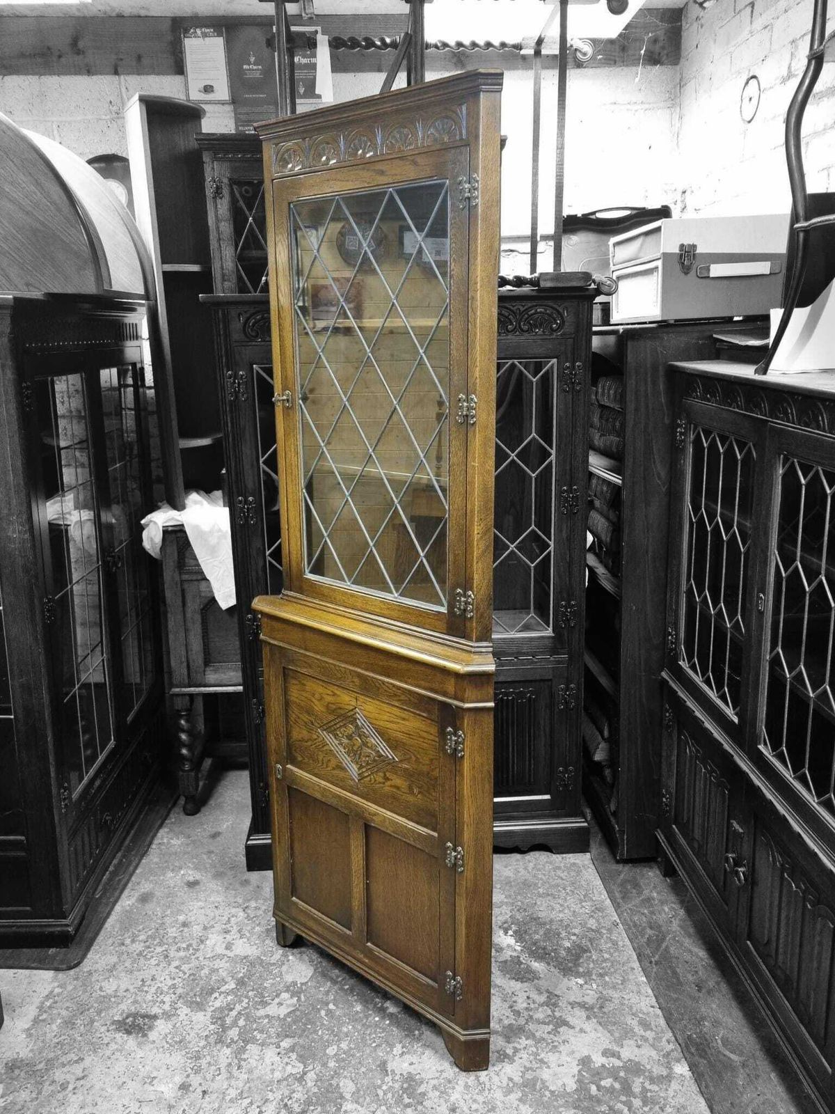 Vintage Jaycee Furniture Oak Corner Display Cabinet / Glazed Door / C.1970s / Mid Century Traditional photo Furniture