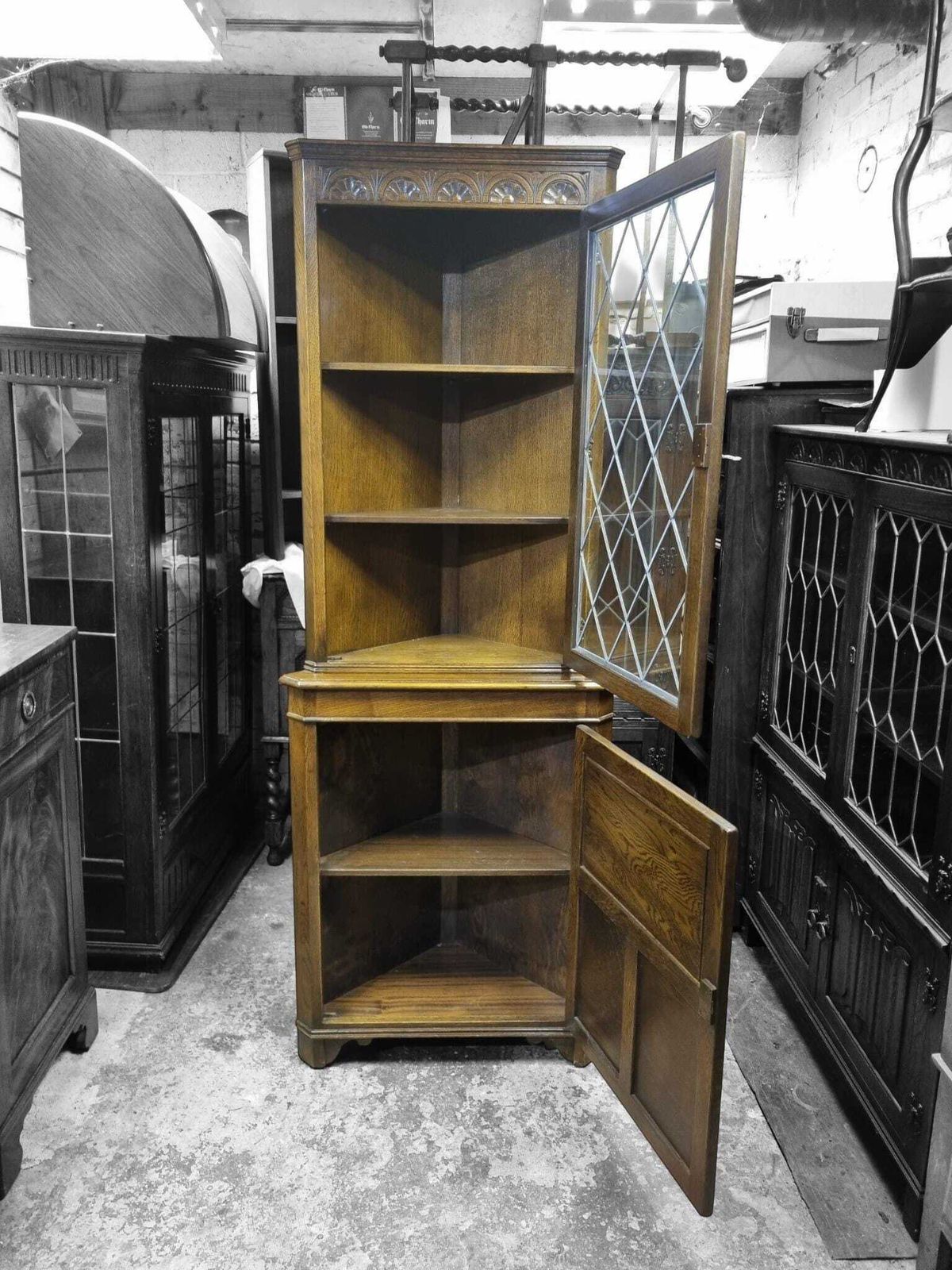 Vintage Jaycee Furniture Oak Corner Display Cabinet / Glazed Door / C.1970s / Mid Century Traditional photo buy