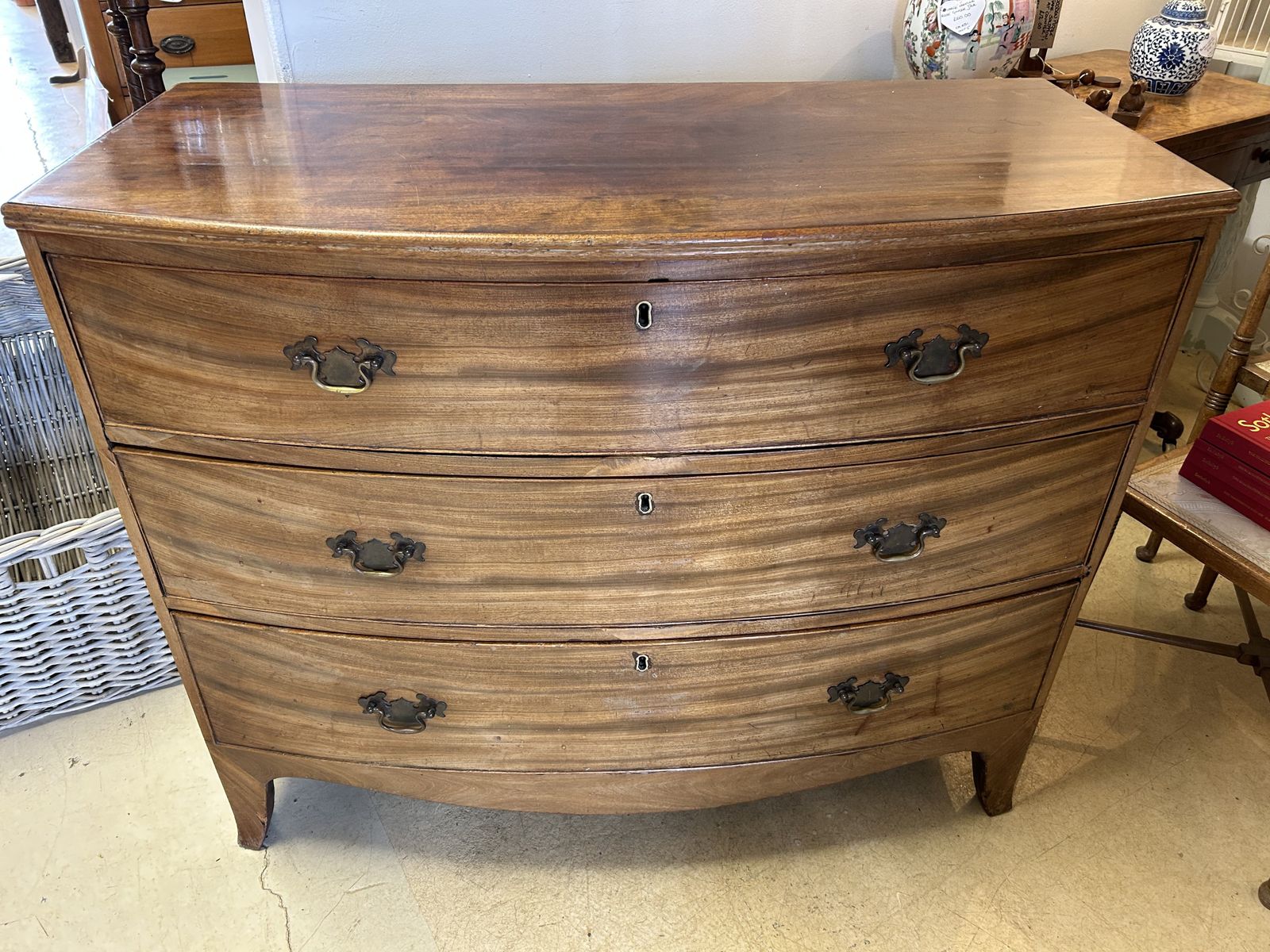 Antique Mahogany Bow Front Chest Of Drawers   With Working Key