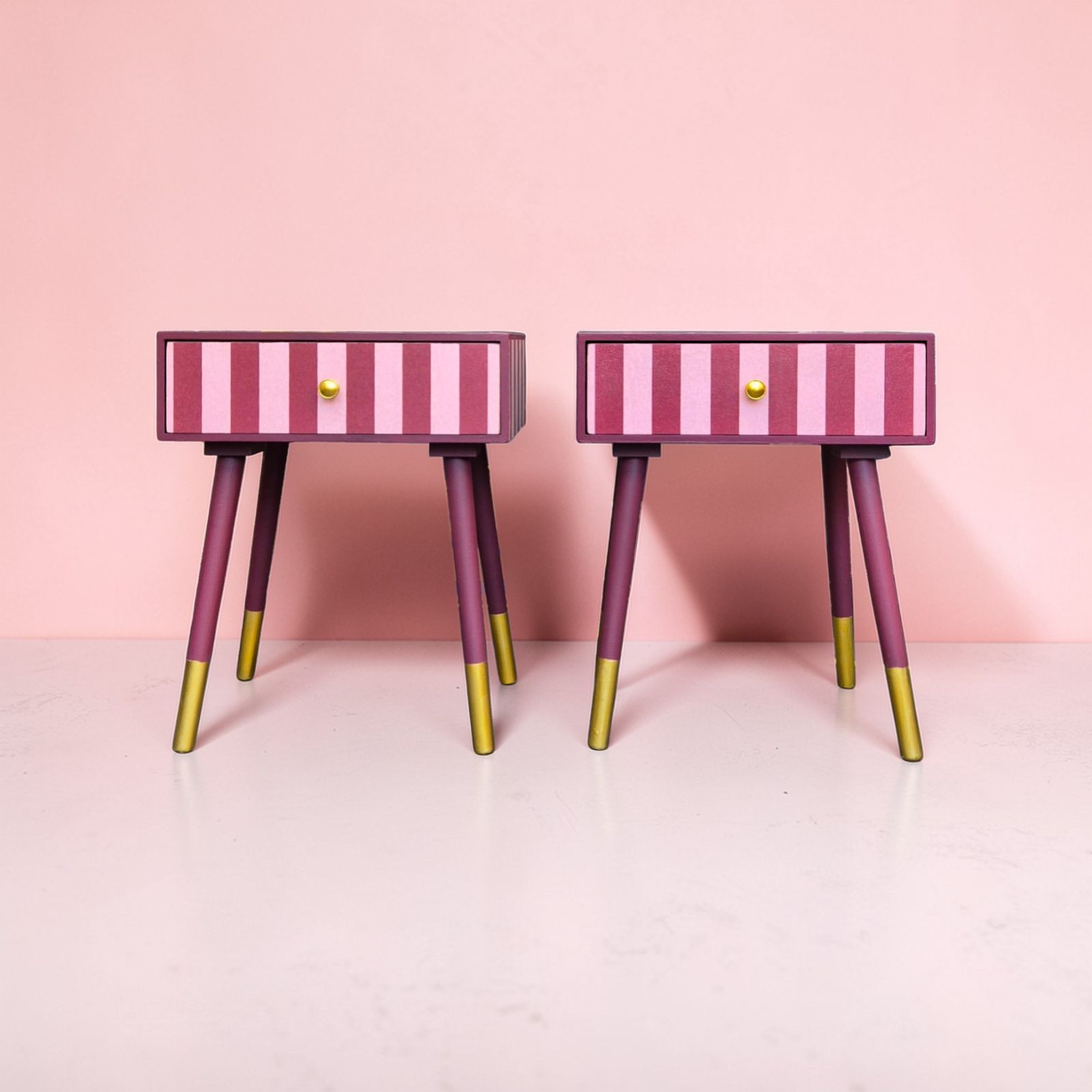Pair Of Luxury Upcycled Bedsides With Maroon Candy Stripe Decoupage photo furniture