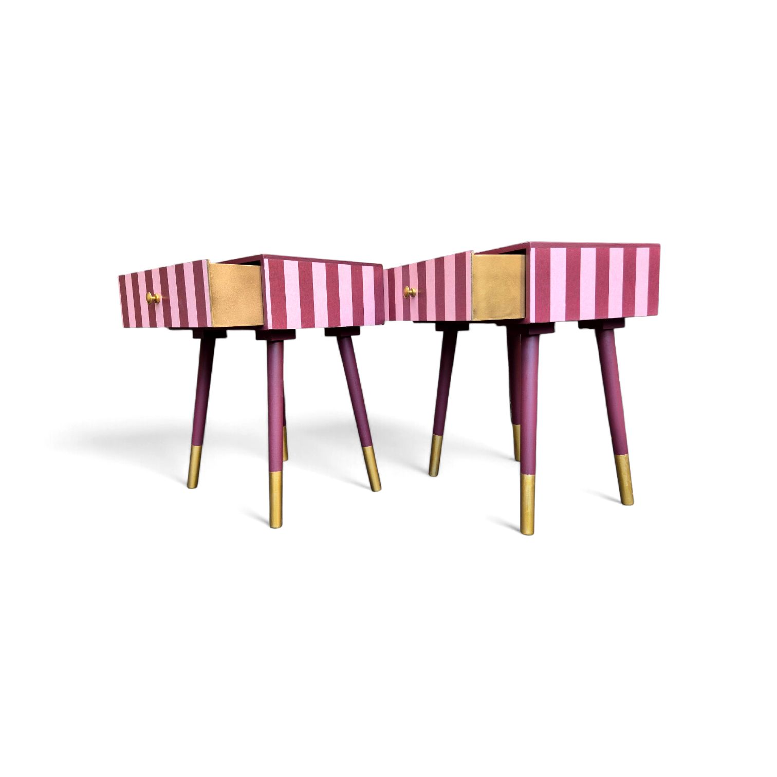 Pair Of Luxury Upcycled Bedsides With Maroon Candy Stripe Decoupage photo buy