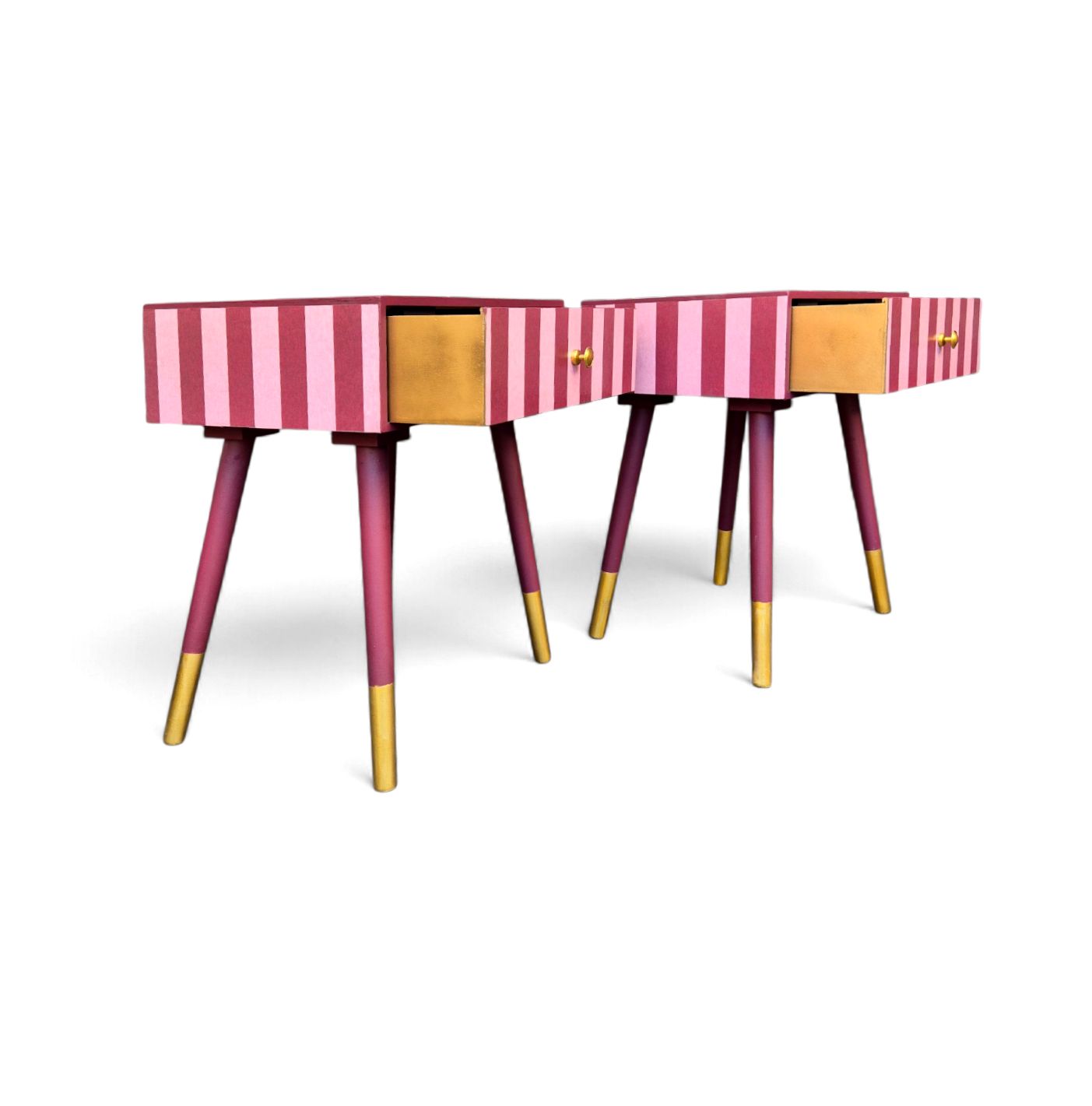 450.0 Pair Of Luxury Upcycled Bedsides With Maroon Candy Stripe Decoupage photo