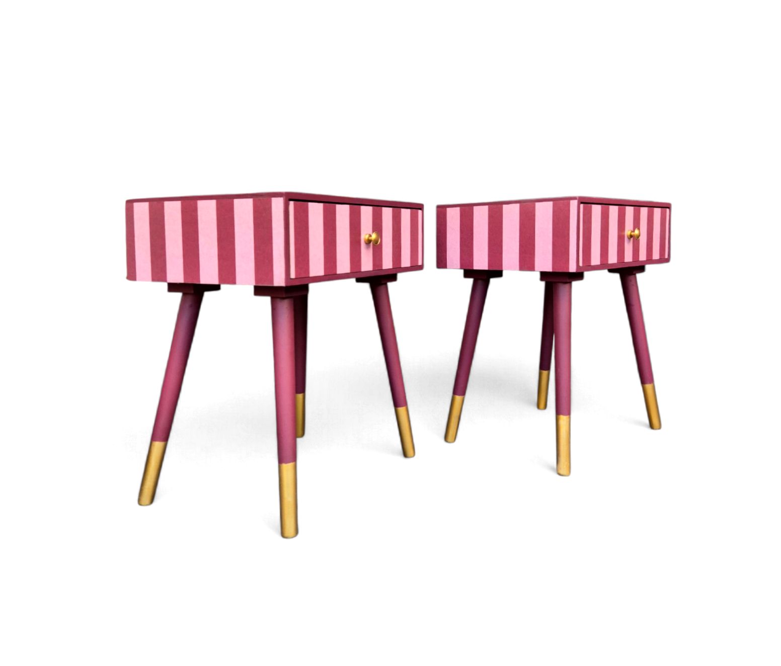 photo vinterior Pair Of Luxury Upcycled Bedsides With Maroon Candy Stripe Decoupage
