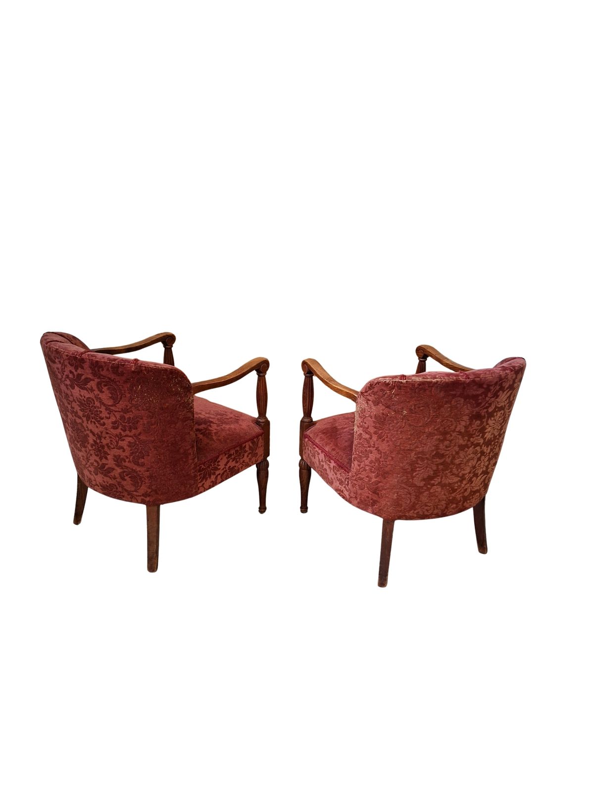 Elegante Coppia Di Poltrone Vintage Anni '60 In Rovere E Velluto Damascato photo vinterior
