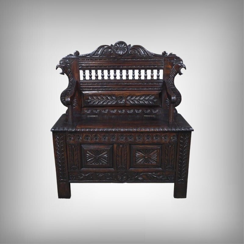 Oak Storage Bench, Neo Gothic Style – Early 20th Century photo furniture